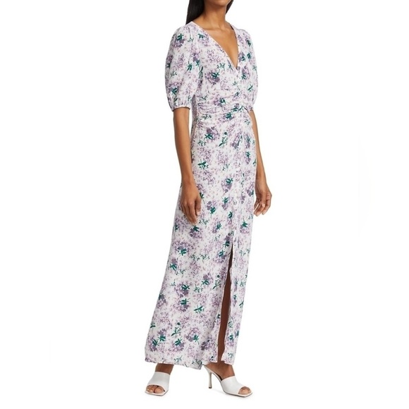 ByTimo Maxi Dress Summer Floral Button Down Puff Sleeve Front Slit Purple XL New - Picture 2 of 12